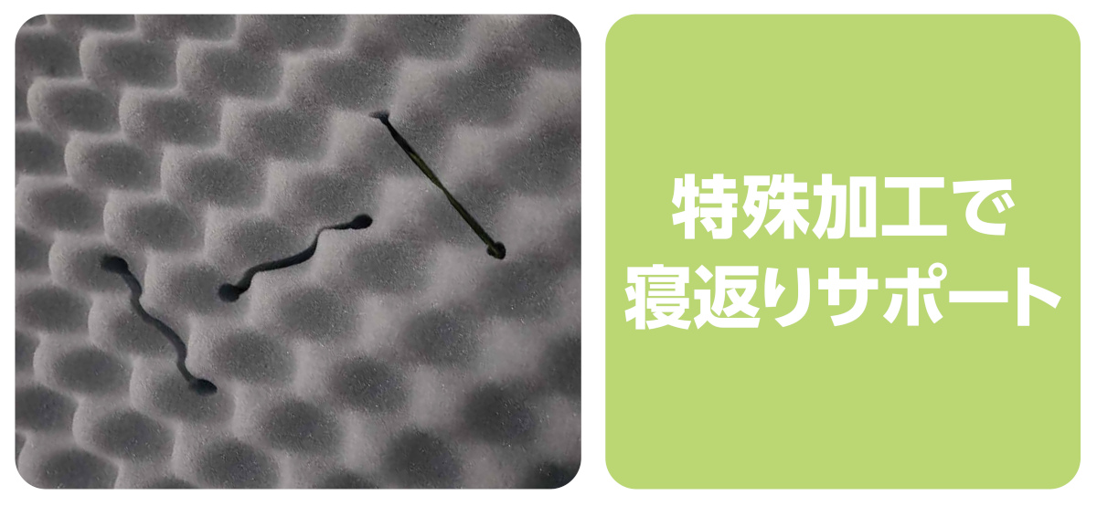 上層：点で支える凹凸加工が体圧分散、自然な姿勢で快適な寝心地。中間層：水も通す特殊な硬質ウレタンがしっかり支えてしっかり通気。下層：抗菌性能もある高密度・硬質ウレタンが土台の役割