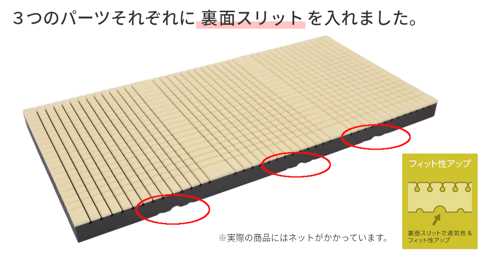 寝心地の満足度をあげる工夫 3つのパーツそれぞれに裏面スリット